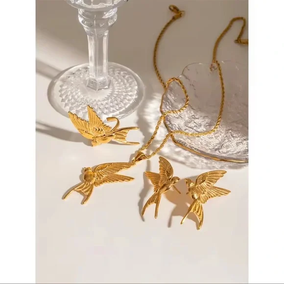 Swallow Peace Bird 18k Gold Stainless Steel Ring, Earrings, Necklace Set - Picture 7 of 17